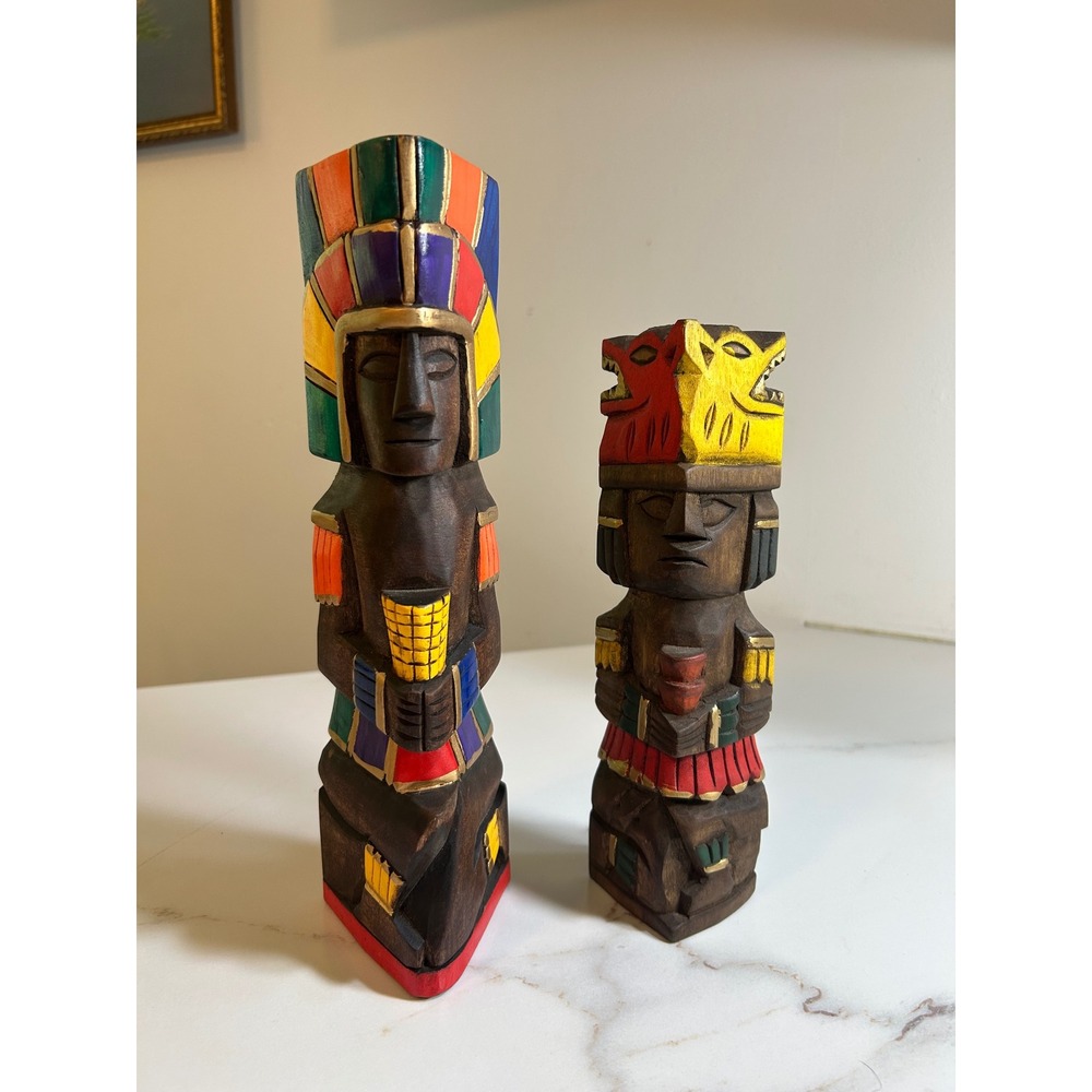 Vintage Hand Carved Painted Wood Mayan Aztec Totem Statue Set of 2 Folk Art